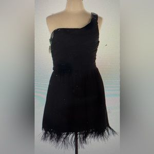 JS Collections NWT black size 14 one shoulder chiffon dress with feather hem
